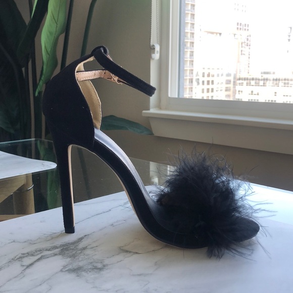 Black Faux Suede & Faux Feather heels; Heel height approx 4.33. Size 37 - Picture 1 of 2